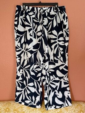 Dark Blue & White Tropical Print Elastic Waist Pants